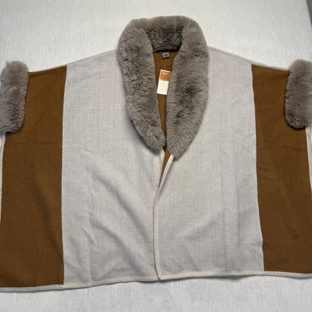 Max Studio Faux Fur Trim Poncho Scarf Cape Womens One Size Gray Camel Open Front